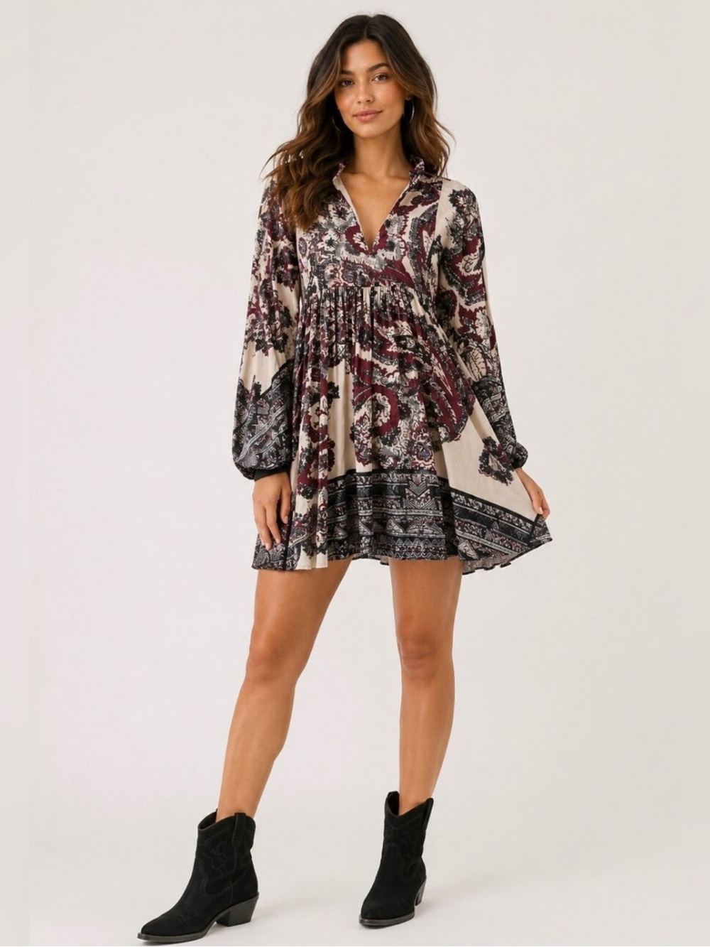 Free People Cream Paisley V-Neck Mini Dress with Burgundy and Black Accents